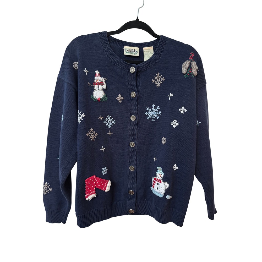 Northern Reflections Vintage Navy Blue Snowman Snowflake Cardigan Sweater Large